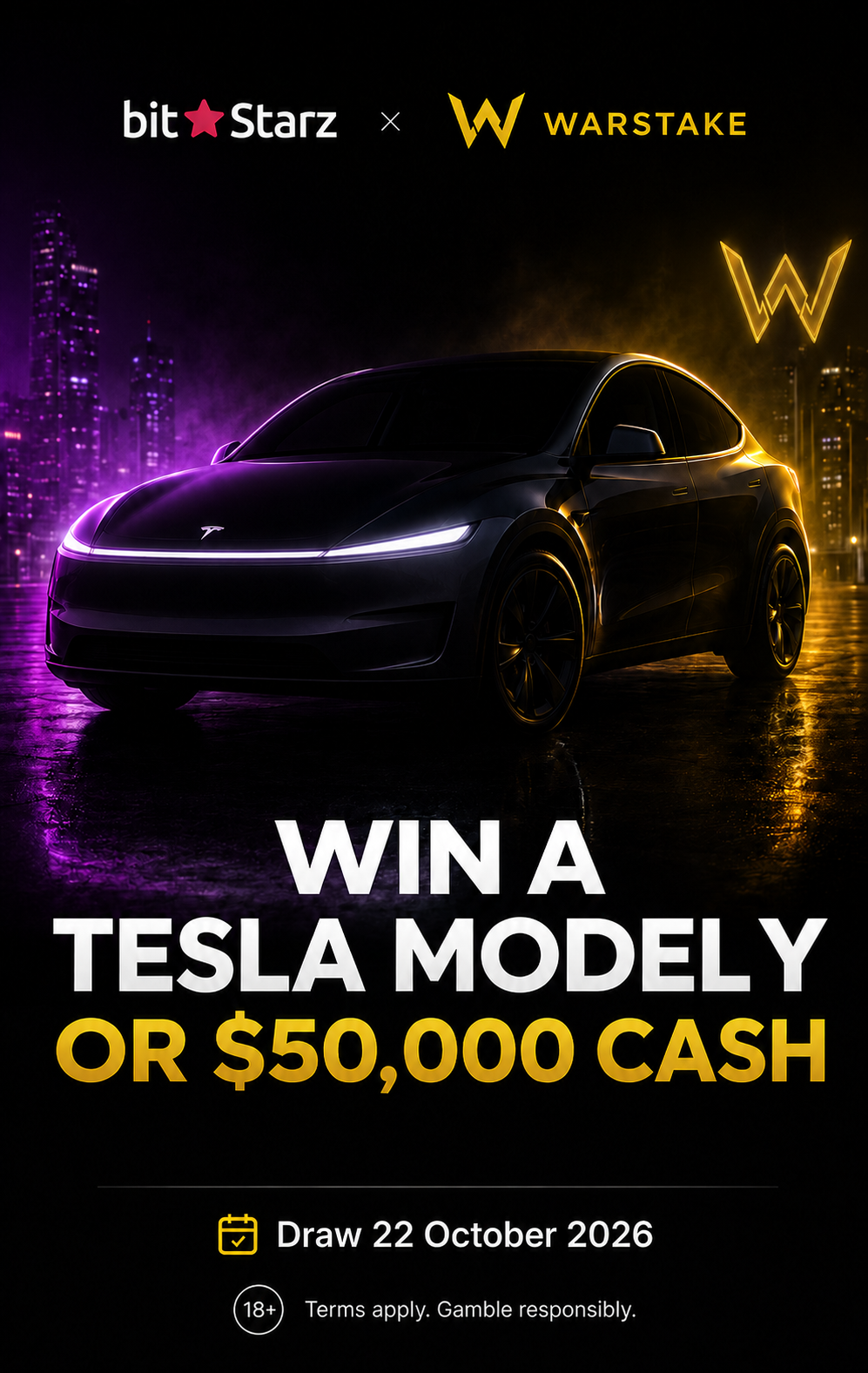 BitStarz and Warstake Tesla Model Y giveaway promotion
